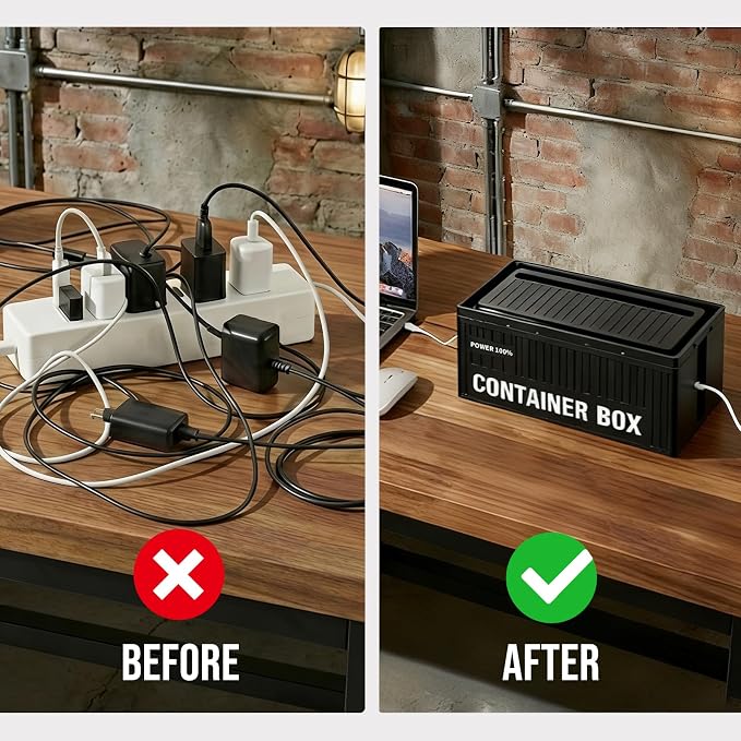 NEXIL Cable Management Box - Cord Organizer Box to Hide Power Strips & Cables, Industrial Desk Cable Organizer with Retro Metal Storage Tin, Black