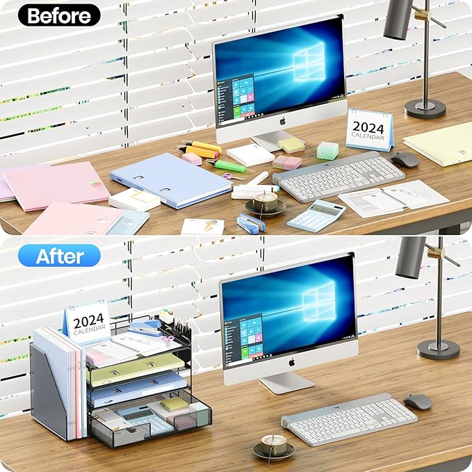 OPNICE Desk Organizer, 4-Tier Desktop File Organizer with Drawer and 2 Pen Holders, Office Desk Accessories, File Sorters, Workspace Organizers for Office Supplies(Black-2pack)