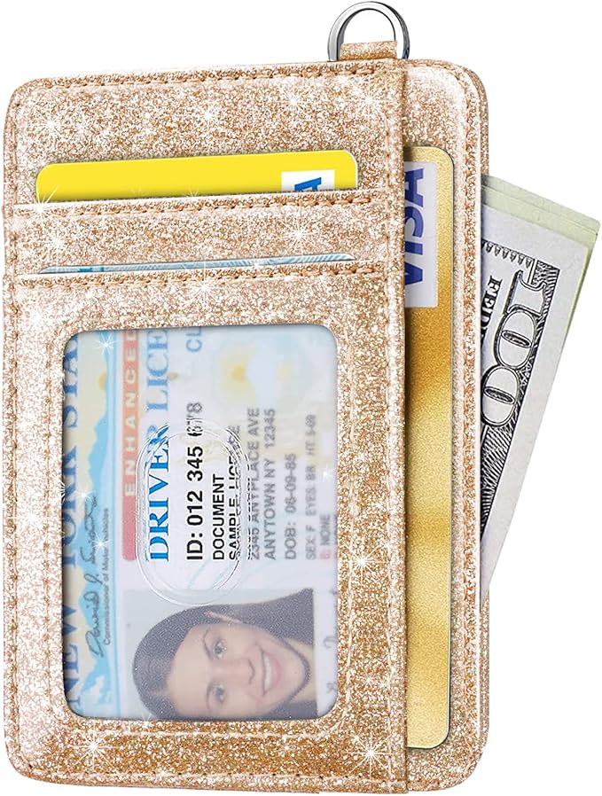 Coco Rossi Slim Front Pocket Wallet RFID ID Card Holder Cute Small Wallet with Keychian for Women,Champagne Gold Glitter