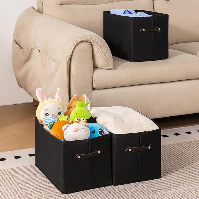 6 Pack Large Collapsible Storage Baskets for Shelves,14.9"x9.5" Fabric Closet storage Boxes with Leather Handles,Decorative Organizers Storage Bins for Clothes,Sheets,Toys,Books,(Black)