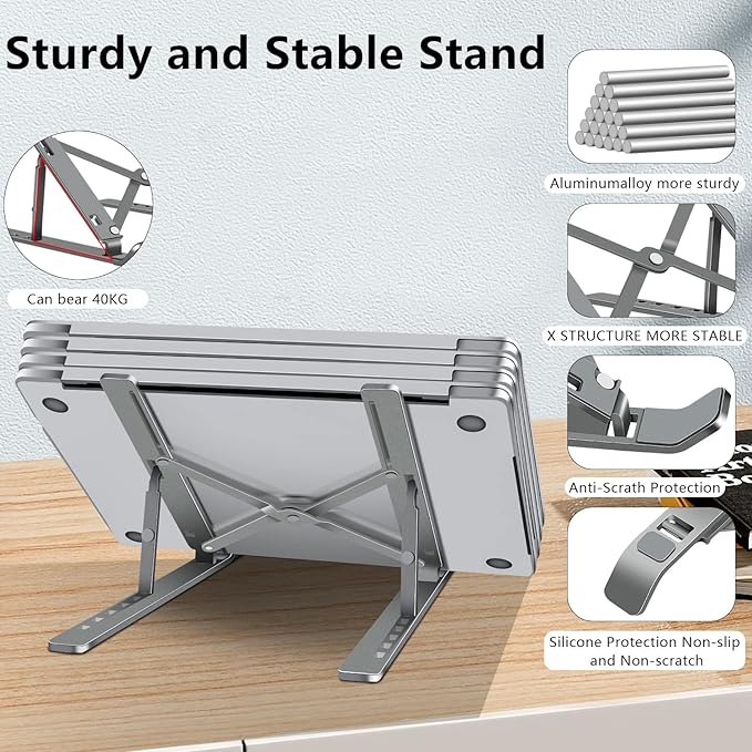 Laptop Stand, Aluminum Full Coverage Non-Slip Rubber Adjustable Ergonomic Portable Laptop Holder, Foldable Computer Stand 6 Angles Anti-Slip Riser Compatible with 4-17 inch