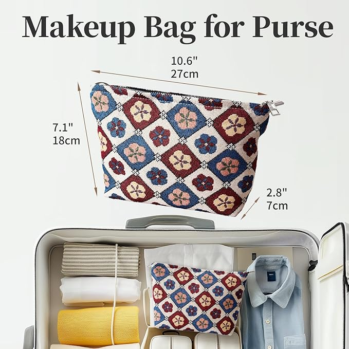itgowisa Vintage Floral Cosmetic Bag for Women, Makeup Pouch for Purse, Elegant Toiletry Organizer for Mature Ladies & Moms, Classic Pattern, Small Travel Zipper Bag