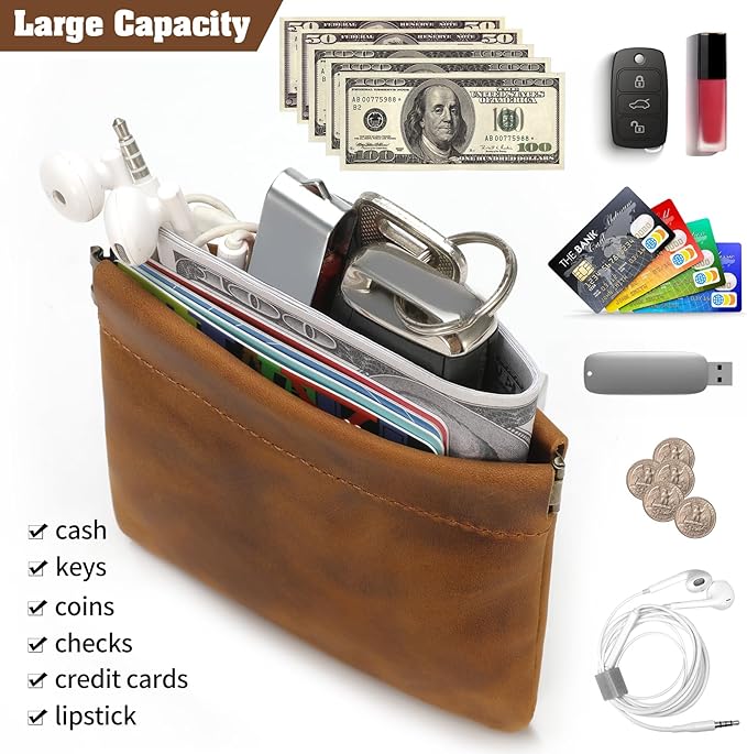 Jack&Chris Mini Coin Purse, Genuine Leather Small Coin Wallet, Leather Squeeze Coin Purse Pouch Change Holder For Men & Women, JC309