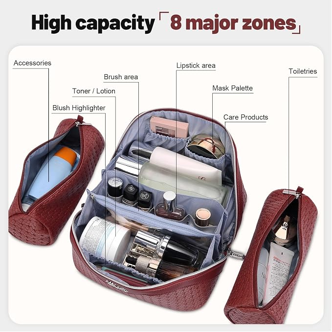 BOYATU Travel Makeup Bag Cosmetic Bags for Women: Large Capacity 3 Pcs Set Make up Bag with Compartments - Waterproof Vegan Leather Toiletry Organizer Bags with Handle (L52Burgundy)