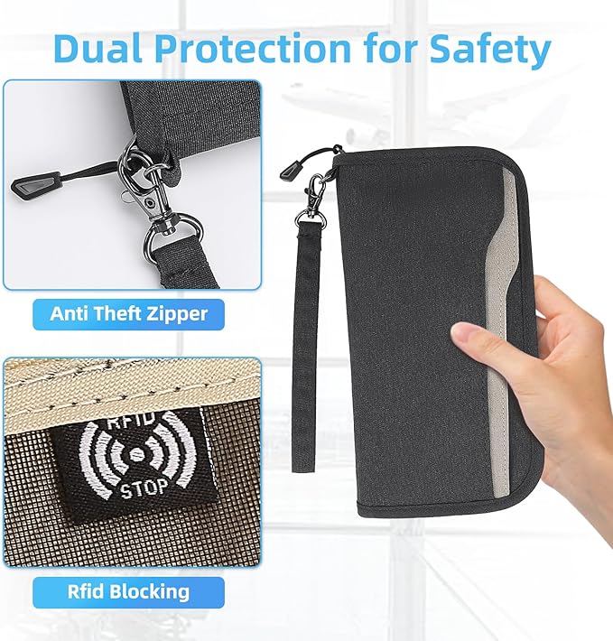 ZOPPEN Passport Holder Family RFID Passport Wallet, Passport Holder Women/Men, Travel Wallet Documents Organizer Zipper Case with Removable Wristlet Strap, Travel Essentials for Flying