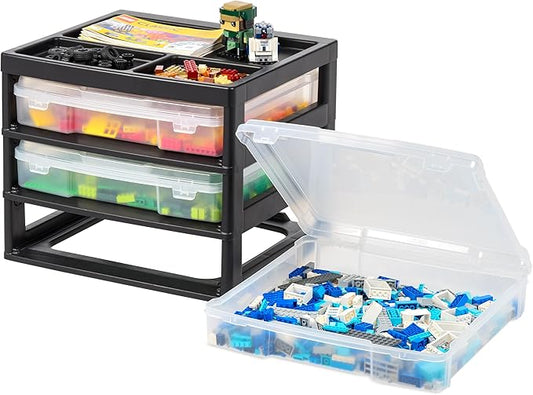 IRIS USA Fits 12" x 12" Paper, 3-Tier Desk Top Storage Unit with Organizer Top, for Office Art & Craft Supplies, Pens Pencils Sticky Notes Paper Clips, 3 Clear Cases w/ Built in Handle - Black/Clear