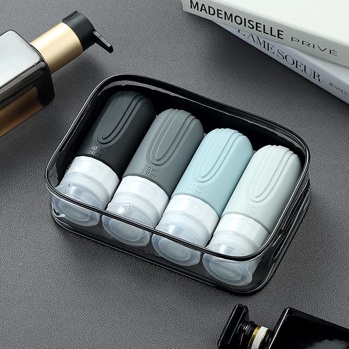 Mrsdry Travel Bottles for Toiletries, Tsa Approved 2oz Travel size Bottles, BPA Free Leak Proof Travels Toiletry Containers, Traveler Accessories with Toiletry Bag for Shampoo Liquid (4 Pack)