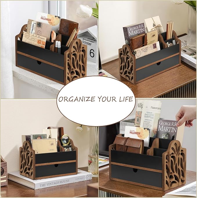 Desk Organizer with Drawer Wood File Office Mail Organizer Countertop-5 Slot Tabletop Storage Pen Organizer Letter Holder for School Home Office Supplies
