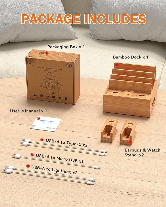 Pezin & Hulin Bamboo Charging Station Organizer for Multiple Devices, Desktop Docking Station Compatible with Phone, Tablet, Earbuds, Smartwatch, (Included 5 Cables, NO Charger HUB)