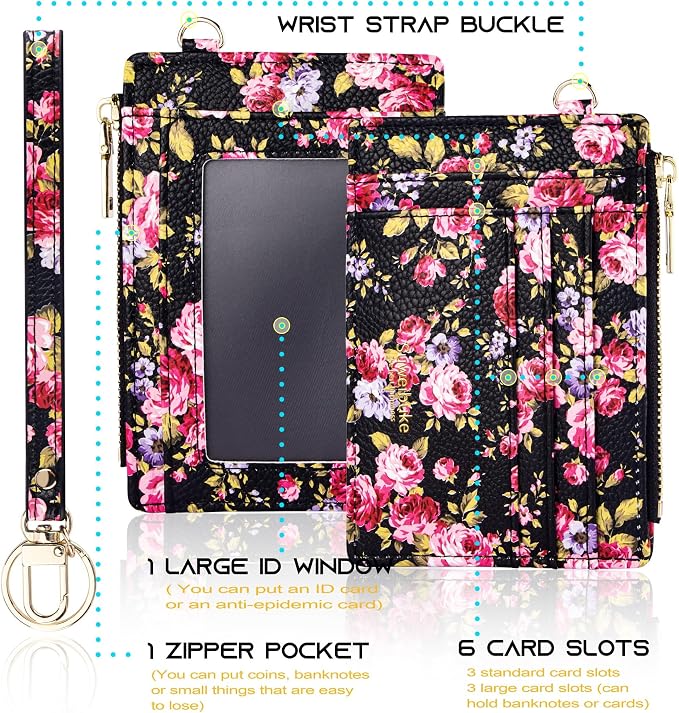 Wikavanli Women Slim Rfid Blocking Credit Card Case Holder Wristlet Zip ID Case Wallet Small Compact Leather Wallet Coin Purse with Keychain (Z-Color flower)