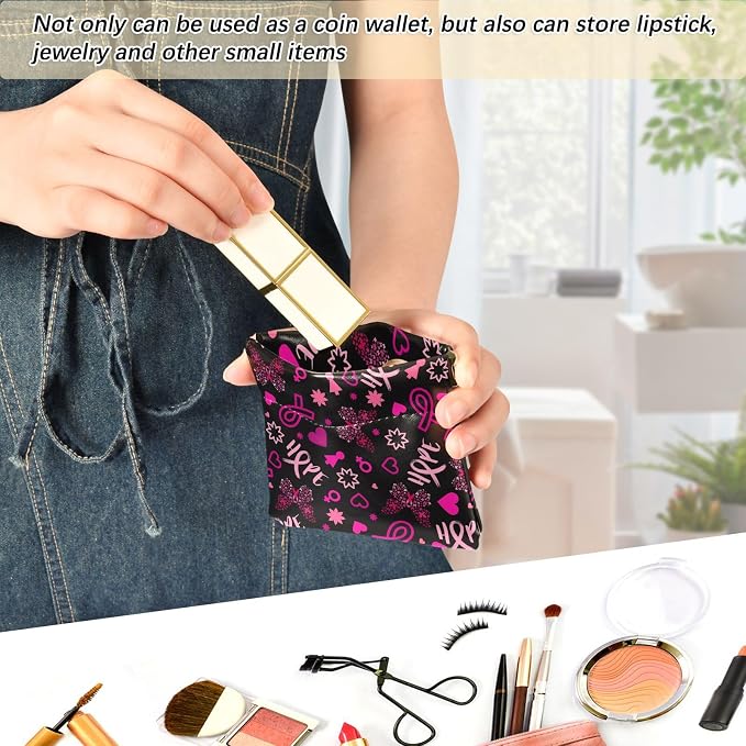 Pink Ribbon Women's Waterproof PU Leather Coin Purse, Slim Travel Wallet with Zipper - Compact Card Holder & Jewelry Organizer for Cash, Keys, Lipstick