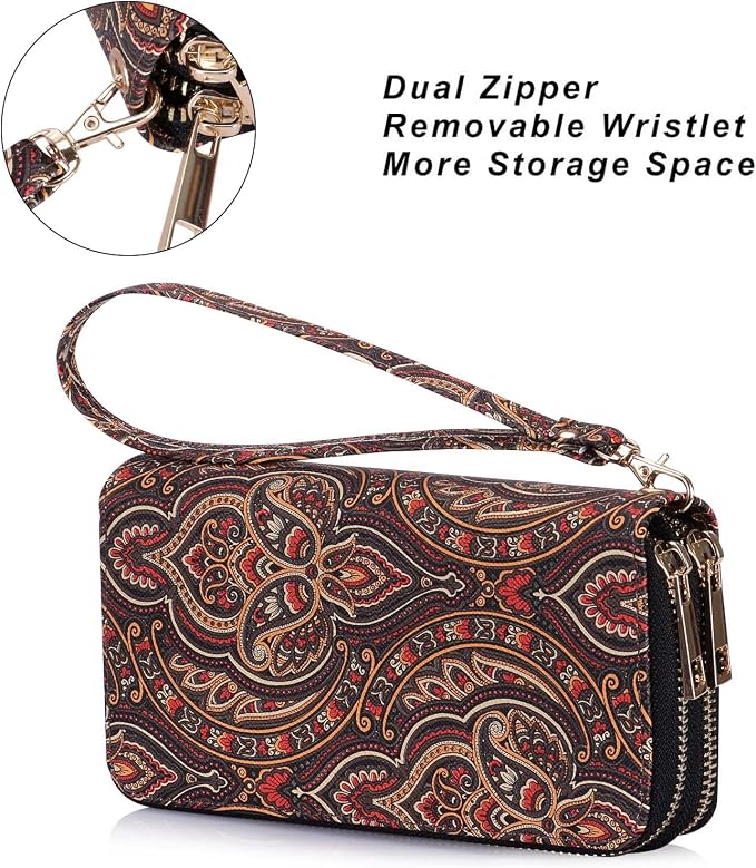 Cellphone Wallet for Women Dual Zipper Long Purse with Removable Wristlet