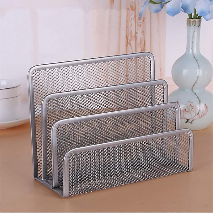 VANRA 2 Small Letter Sorters Desktop Envelopes Holder Organizer Metal Mesh with 3 Vertical Upright Compartments (2 Silver)