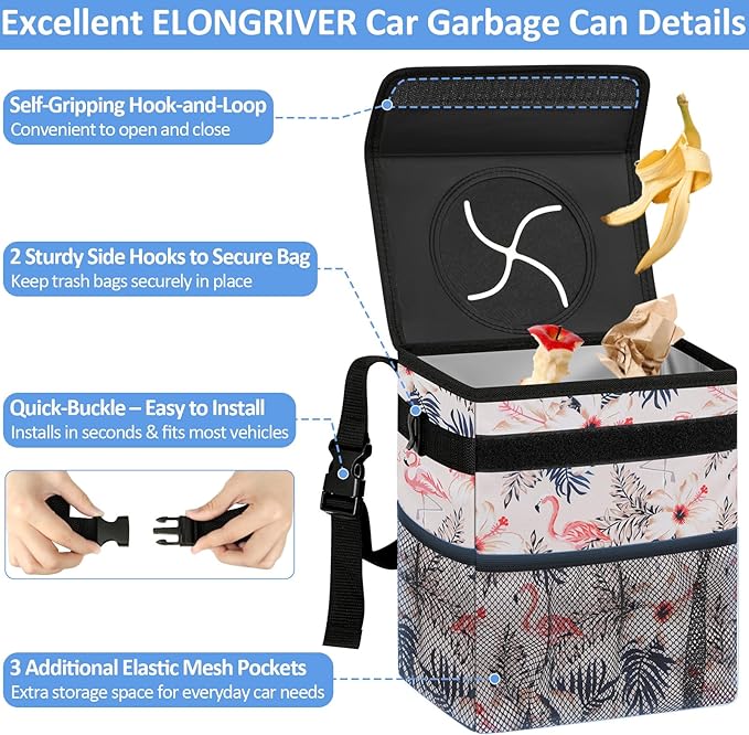 ELONGRIVER Car Trash Can Bin for Back Seat Leak Proof, Cute Car Trash Bag Hanging, Vehicle Trash Can for SUV Truck Van, Automotive Garbage Cans Front Seat Flamingos, 2 Gallons
