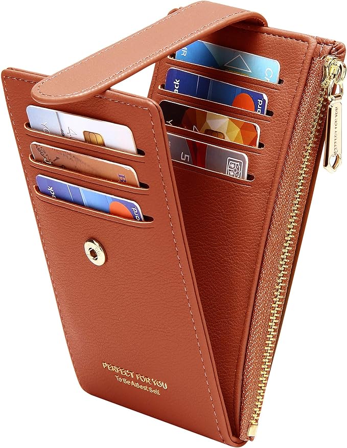 Badiya Slim Women Wallet RFID Blocking Bifold Compact 9 Card Slots Holder Wallets Soft Leather with Zipper Coin Pocket 2 ID Window