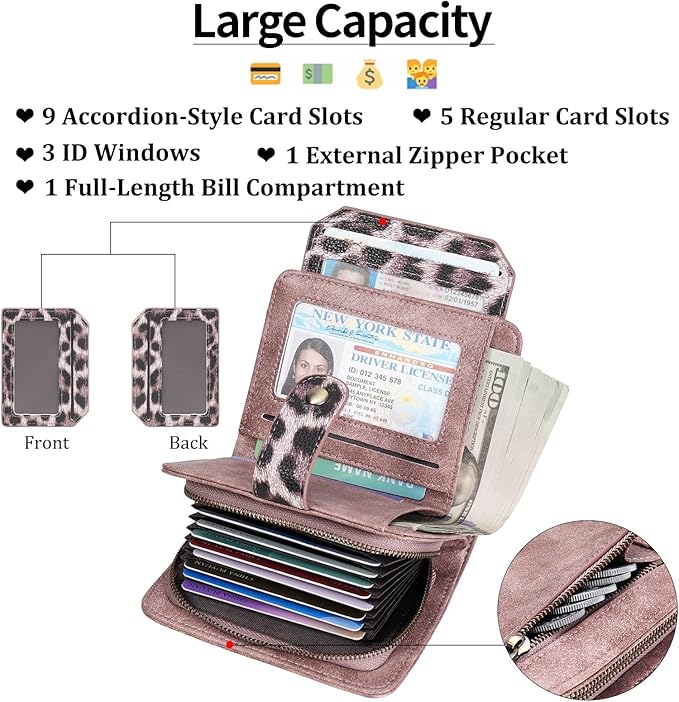 GAEKEAO Small Leather Credit Card Holder Wallets for Women RFID Blocking Bifold Wallet Zipper Pocket with Removable ID Window