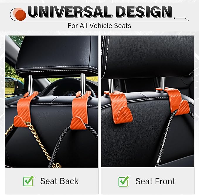 SINGARO Universal 2 Pack Car Seat Headrest Purse Hook, Carbon Fiber Back Seat Hook Storage Organizer Hanger for Purse Handbag Coat, Car Interior Accessories(Orange)