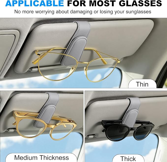 Sunglass Holder for Car Visor Magnetic Leather Visor Sunglasses Clip Eyeglass Hanger Clip for Car Sun Visor Grey 1 Pack