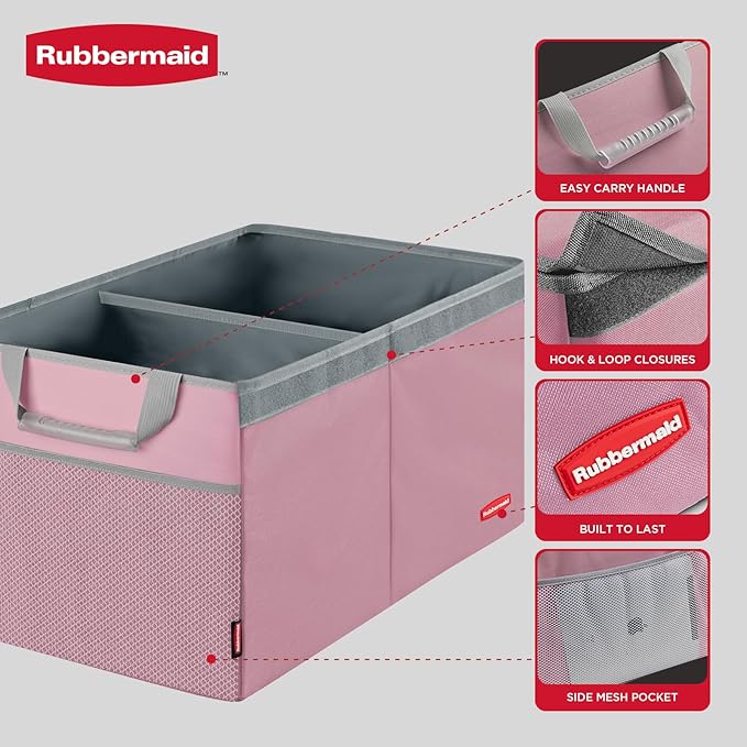 Rubbermaid Car Organizer, Collapsible Trunk Organizer, Multi-Compartment Car Storage Organization for Car Accessories, 2 Compartments With Cover, 21.65"*14.17"*12.2" - Pink