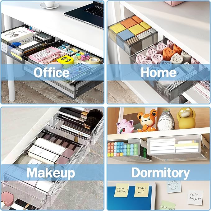 SVNNELP Large Under Desk Table Drawer Storage Organizer A4, Hidden Self-Adhesive Under Desk Pencil Tray Drawer for Office (Clear Black/L)
