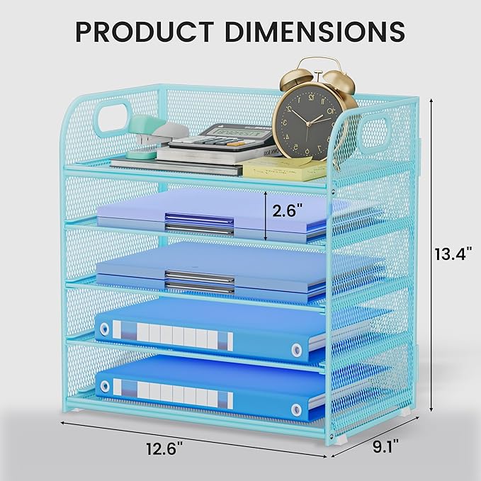 Paper Organizer Letter Tray with Handle Mesh 5-Tier Stackable Desk Organizer for Files/Paper/Office Supplies, Sturdy Carbon Steel Desk Organizer for Home Office & Classroom