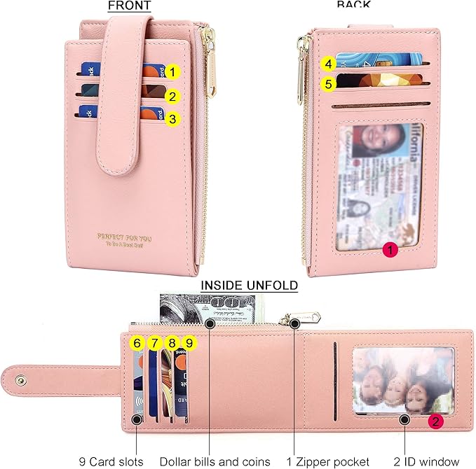 Badiya Slim Women Wallet RFID Blocking Bifold Compact 9 Card Slots Holder Wallets Soft Leather with Zipper Coin Pocket 2 ID Window