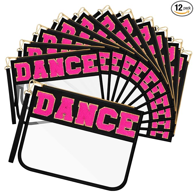 Abbylike 12 Pcs Snack Bags Chenille Letter Dance Zipper Pouch Waterproof PVC Large Travel Makeup Cosmetic Storage Organizer for Mom Team Cheerleaders Teacher (Black)