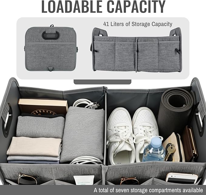PAT SAM'S Trunk Organizer for SUV, Foldable Car Storage Organizer with Dividers, Waterproof Oxford, Collapsible Car Storage Box with Pockets for Grocery, Tools, Travel (Beige)
