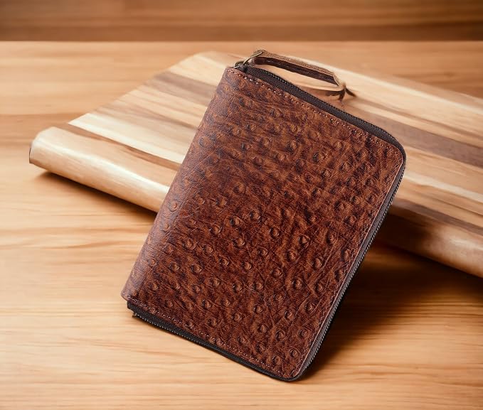 Passport Wallet - Travel Document Holder w/RFID Blocking – Full Grain Leather – Bifold compact zip around Wallet with Credit Card Slots for Women and Men,ostrich print,500-70