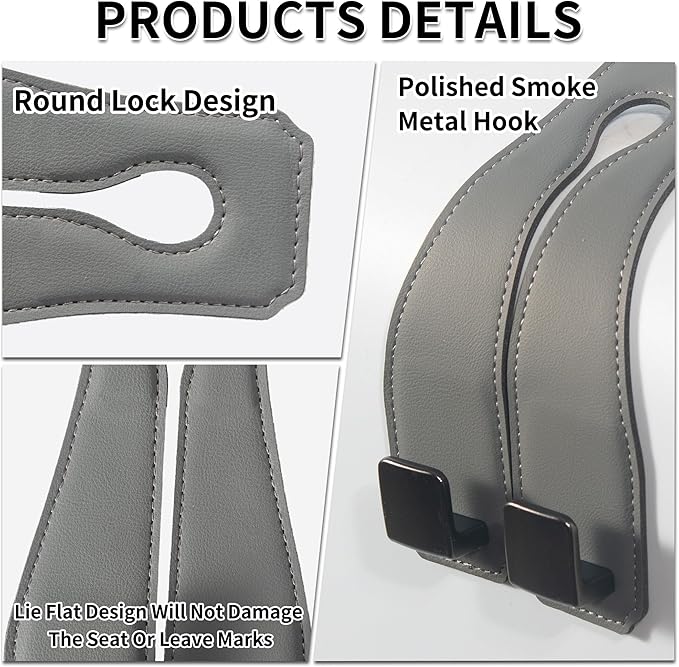 vidonio 2 Pack Double Car Seat Hooks for Headrest, Rotatable Purse Holder for Car, Premium Leather Car Hooks for Purses and Bags, Headrest Hooks and Storage Accessories (Grey)