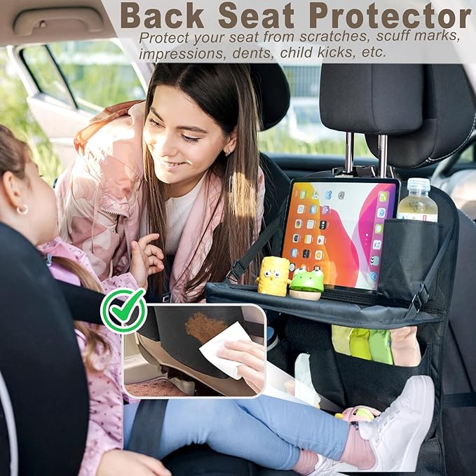 XDV Car Seat Organizers,Multi-functional Back Seat Protectors, Storage Pouches, Child kicking prevention and Tray Holders Kick Mats Back (for Cars, Kids,and Rear Seats) (Black, 1 Pack with Food Tray)