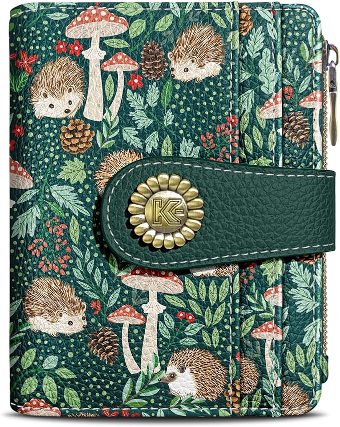 Kelvoris Cute Hedgehog Small Rfid Women Wallet Bifold Zipper Coin Pocket PU Leather Compact Cash Credit Card Holder Travel Wallet for Female Ladies Teen Girls 1 ID Window 10 Card Slots