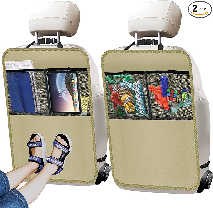 2 Pack Kick Mat Backseat Protector,Back Seat Cover for Kids,Car Seat Back Protectors with 2 Pocket Storage Organizer for Car, SUV, Minivan or Truck Seats (Beige)