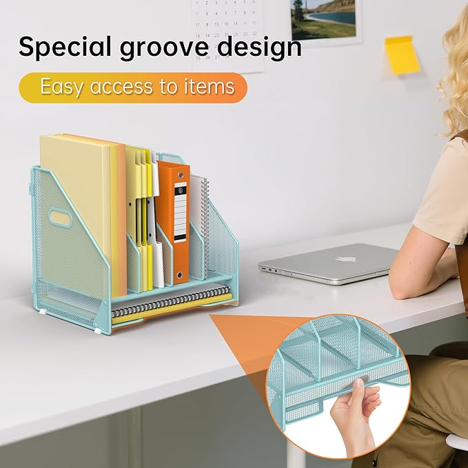 Docnest Desk File Holder Sorter, 4 Vertical Compartments Rack with Letter Tray, Mesh Magazine File Holder with Handle,Workspace Organizers,Desk Organizers for Paper, Mail, Documents-Blue
