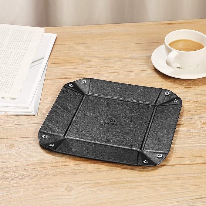 SITHON Valet Tray Desktop Storage Organizer - Multi-Use PU Leather Catchall Tray Bedside Nightstand Caddy Dice Holder for Keys, Phone, Wallet, Coin, Jewelry, Traveling and More, Black