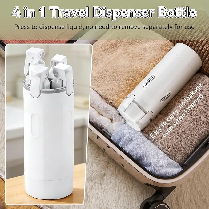4 in 1 Travel Dispenser Bottle, 30ML*4 Refillable Pack Squeeze Bottles, Portable Leak Proof Travel Toiletry Containers for Toiletries/Shampoo/Conditioner/Shower Gel (White)