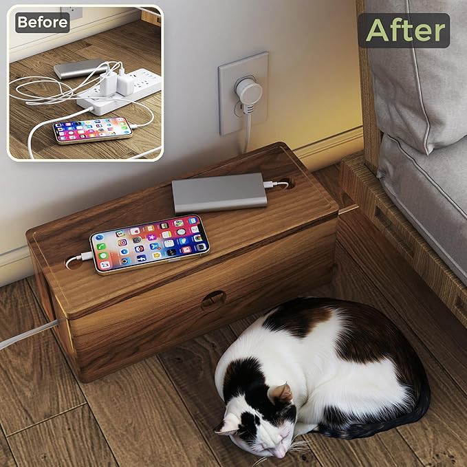 Acacia Wood Cable Management Box for Power Strip, Large Wooden Cord Hider & Cable Organizer for Desk, Floor & TV, Wire Concealer Box for Home Office Cable Storage and Management