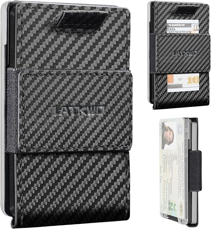 Wallet for Men Slim Pull Tab Metal RFID Blocking Credit Card Holder with ID Window & Cash Strap - Compact Front Pocket Design Holds 1-10 Cards (3.62x2.36x0.47in) (Carbon)