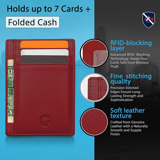 ALLEN & MATE 100% Genuine Leather Slim Minimalist wallet RFID Blocking Card Holder Wallets for Men & Women - Holds 7 Cards, ID & Cash with Gift Box (Maroon)