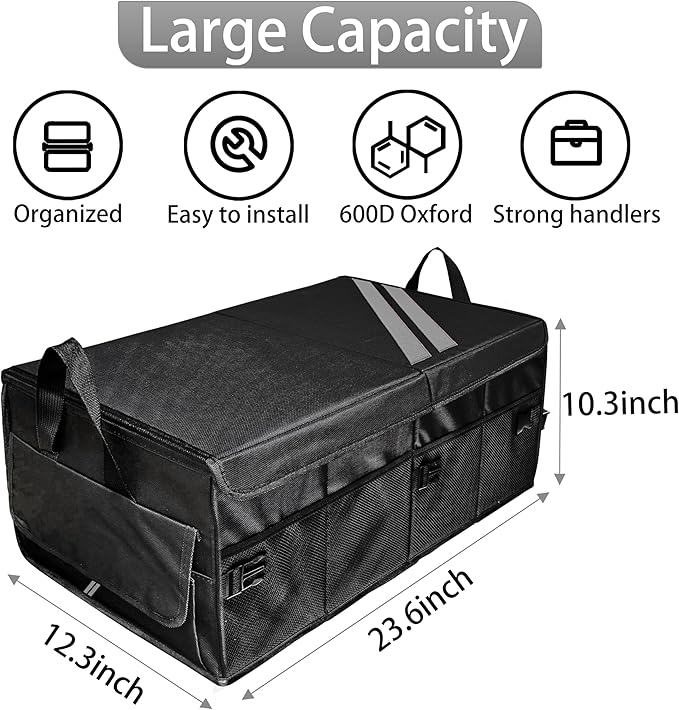 YOSRTER for Dodge Charger Durango Challenger Ram Car Trunk Organizer Collapsible Storage Box with Handle Foldable Lid Non Slip Bottom Sturdy Base Panel for Dodge Accessories, 2 Compartment (Gray Trim)