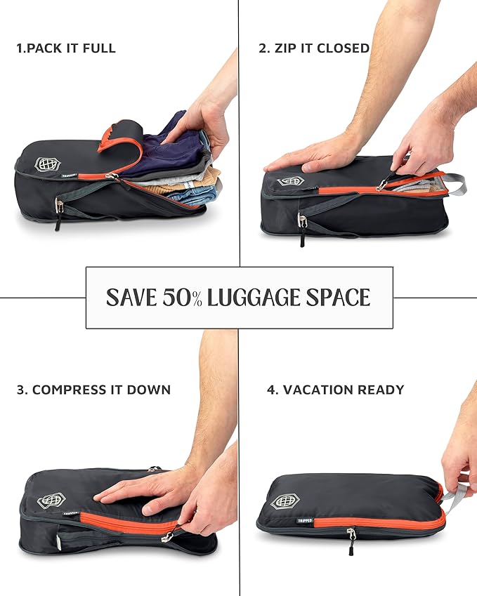 Compression Packing Cubes for Travel, 6-Piece Lightweight Packing Cubes Set for Carry-On Luggage & Backpacks – TRIPPED Travel Gear (Grey and Orange)