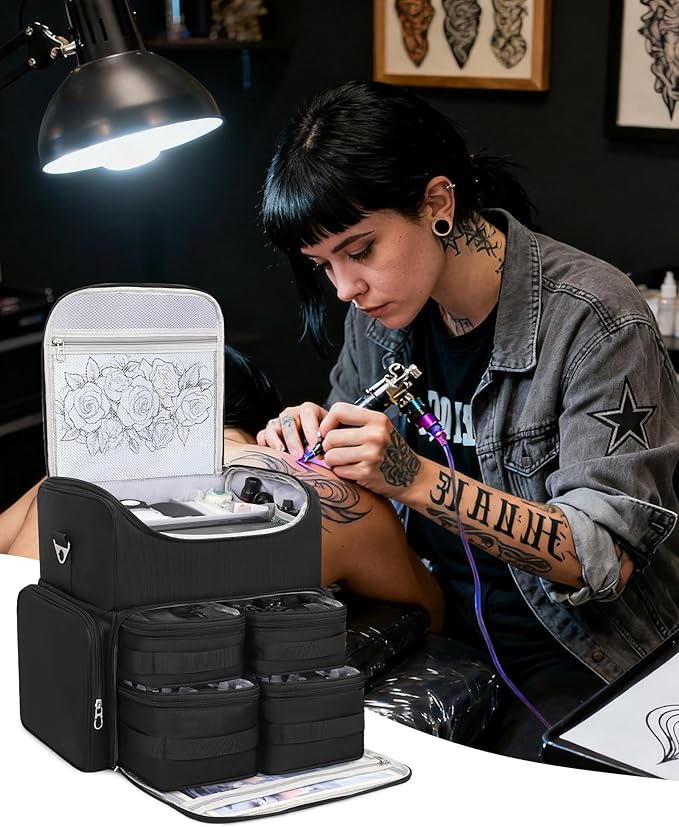 Relavel Tattoo Backpack with 6 Removable Pouches, Tattoo Travel Case with 3 Detachable Dividers, Waterproof Tattoo Carrying Case for Stencil Printer, Equipment and Supplies - Black