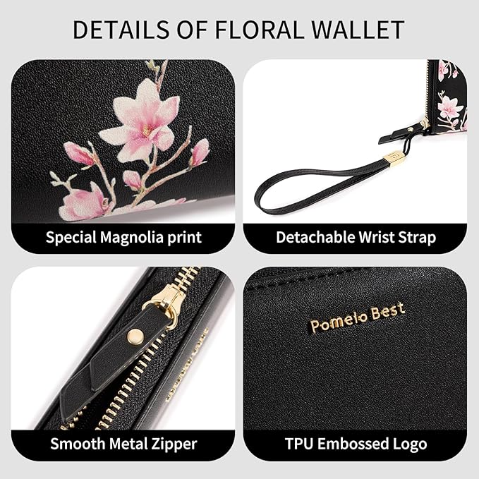 Pomelo Best Womens Wallet RFID Blocking Leather Multi Credit Card Large Capacity Wristlet Zip Around Long Wallets for Lady