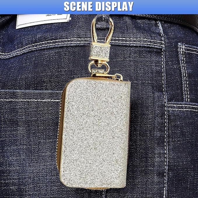 Bling Car Key Case, Leather Keyring Zipper Bag with Metal Hook, Remote Key Fob Cover, Auto Keychain Holder (Silver Gold)