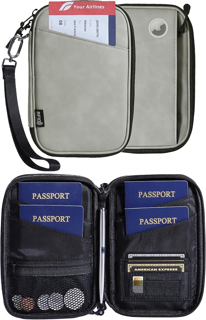 family passport holder for 4 multiple passport bag for travel passport cover rfid blocking for women waterproof wallet with zipper airtag passport case for men (pattern gray)
