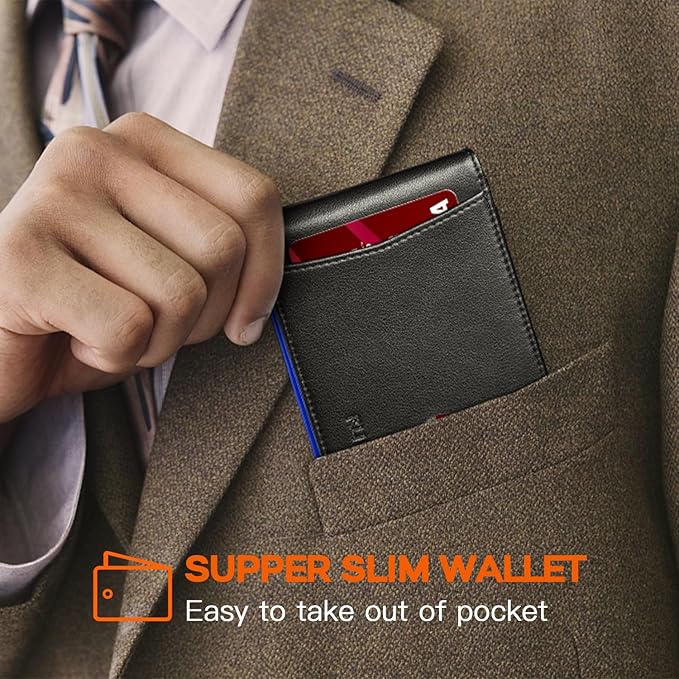 RUNBOX Slim Wallet for Men Genuine Leather RFID Blocking Bifold Minimalist Front Pocket Mens Wallet with Money Clip Thin Gift Box