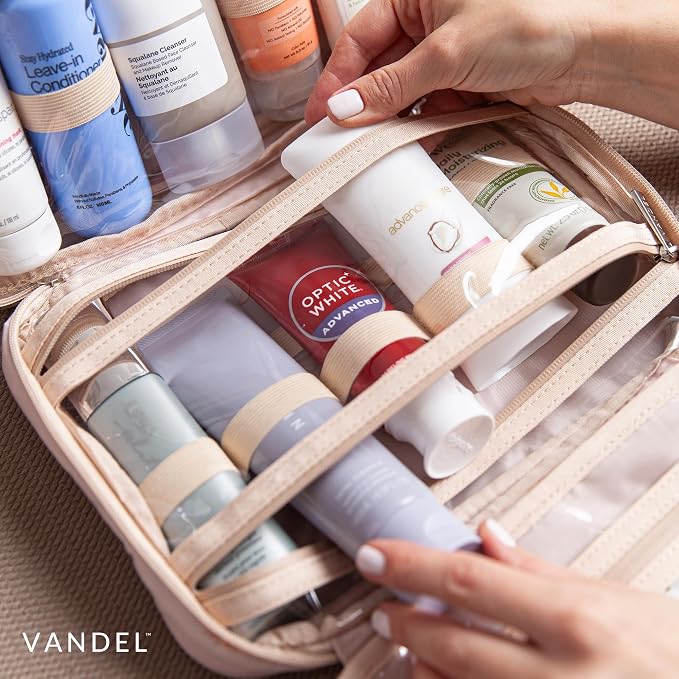 VANDEL Waterproof Hanging Toiletry Bag [TSA-Approved] Hanging Makeup Organizer Bag, Cosmetic Travel Bags for Women, Makeup Case Toiletries Organizer Hygiene Bathroom Shower Caddy - Neutral Checker
