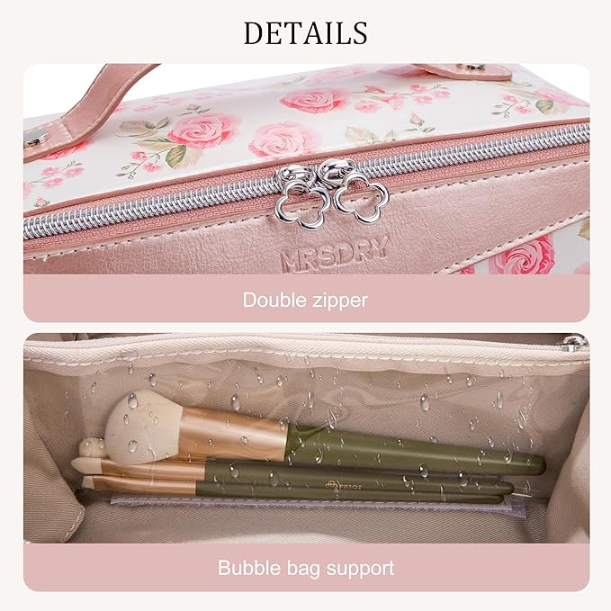Mrsdry Travel Makeup Bag，Large-capacity waterproof cosmetic bag，Travel bags and toiletries bags for women，PU leather material，Multi-zone and large opening design (Rose Gold flower)