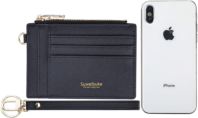 Wikavanli Women Slim Rfid Blocking Credit Card Case Holder Wristlet Zip ID Case Wallet Small Compact Leather Wallet Coin Purse with Keychain (Black a)