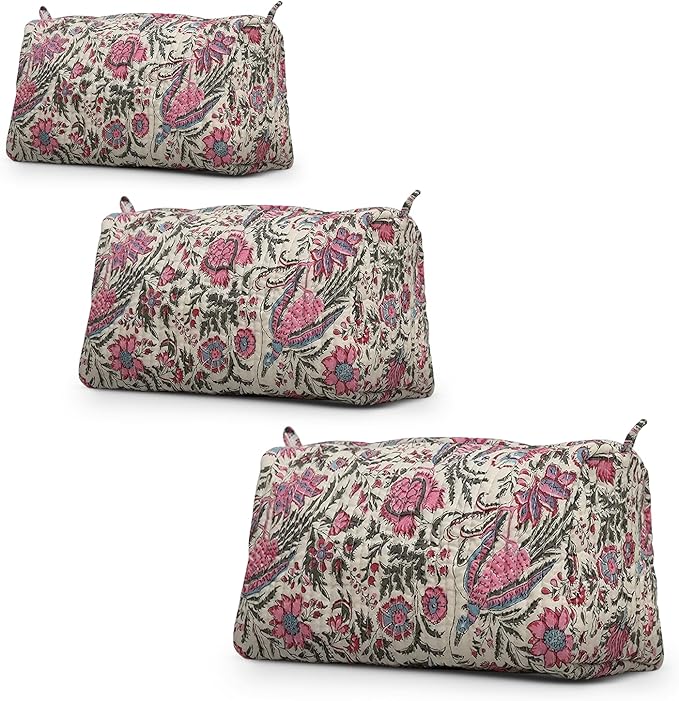 Cotton Hand Block Floral Print Toiletry Bag For Women Make Up Cosmetic Bag Jewelry Organizer Kit Storage Case Travel Accessories Essential Toiletries Purse Pouch (Multi - Set of 3, Small Medium Large)
